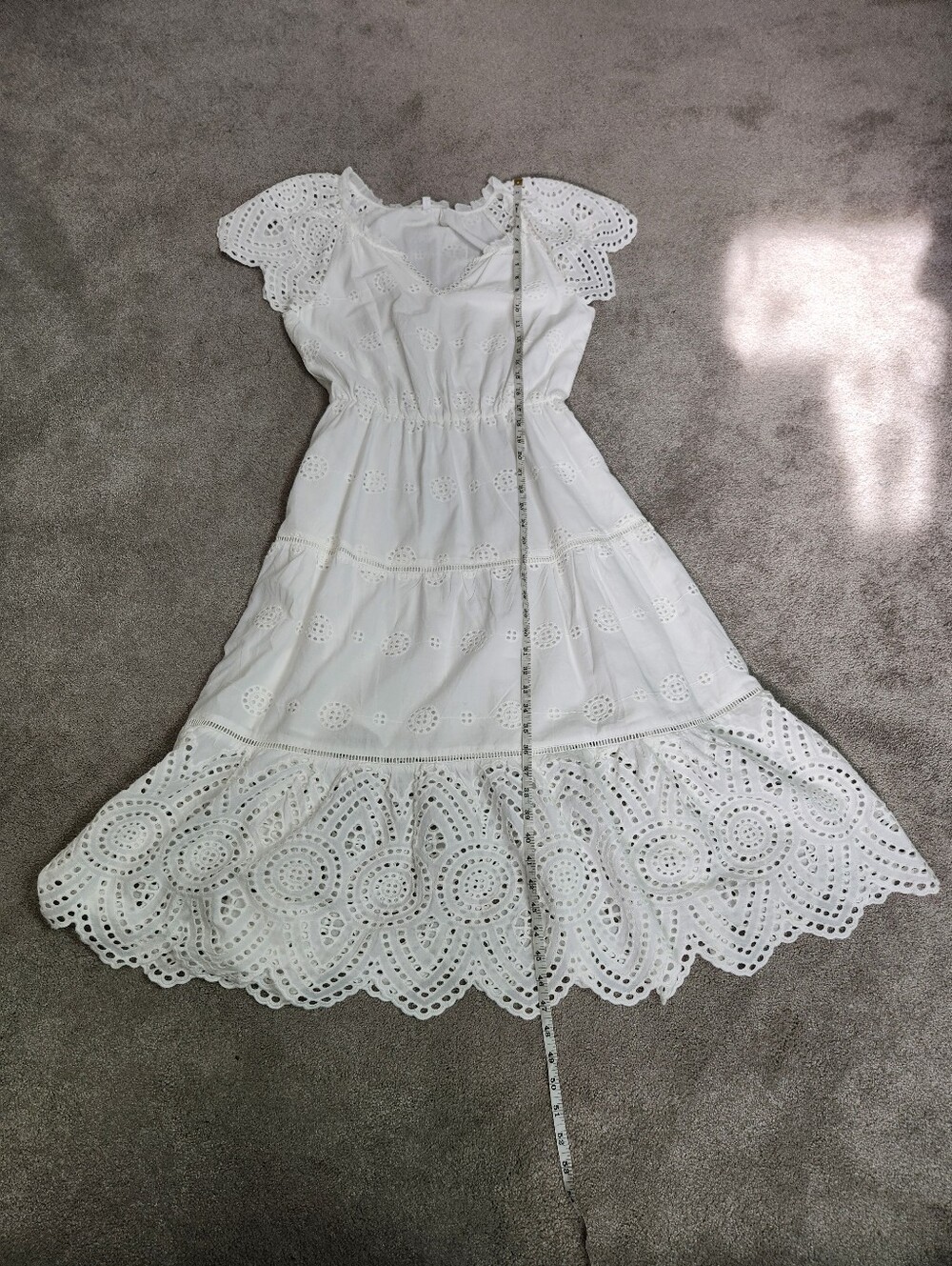 White Eyelet 100% Cotton Midi Dress Flutter Sleeve Size Small Fits Medium - Picture 8 of 12
